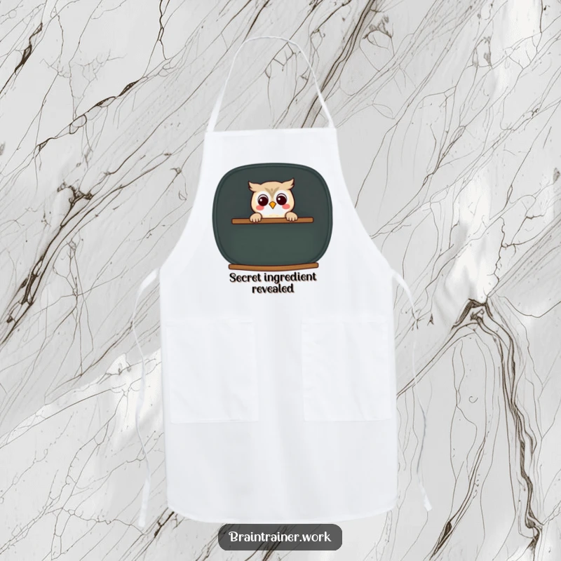 Funny kawaii owl peeking from behind an oversized chalkboard on a kitchen apron, for humorous meal preparation.