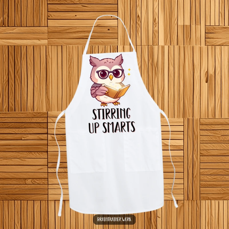 Funny kawaii owl wearing spectacles, pointing at a glowing book, designed on a kitchen apron for humorous cooking sessions.