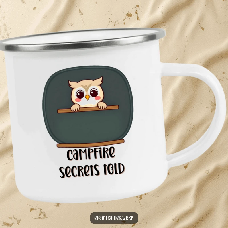 Funny kawaii owl peeking from behind a chalkboard on a durable camping mug, for humorous outdoor enjoyment.