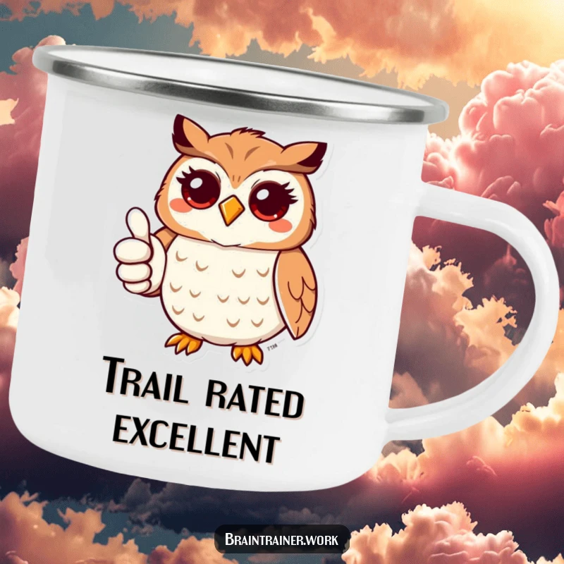 Funny kawaii owl giving a thumbs up on a durable camping mug, for humorous outdoor enjoyment and encouragement.