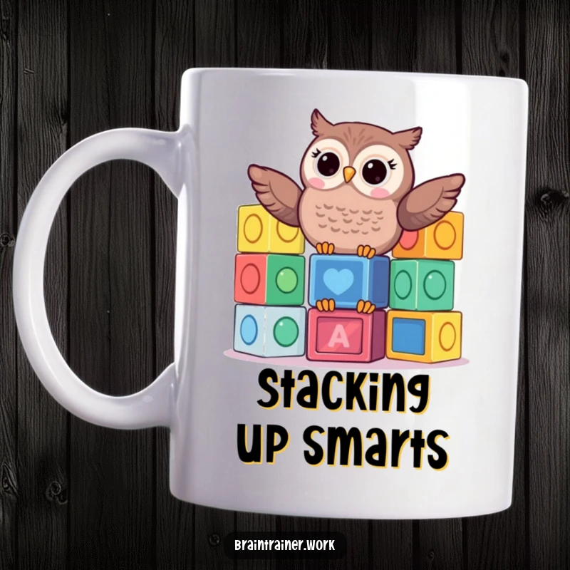 Funny kawaii owl playfully balancing colorful learning blocks on a mug, embodying cheerful learning and humor.