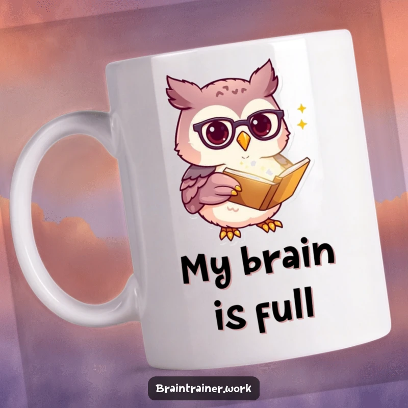 Funny kawaii owl wearing spectacles, pointing at a glowing book on a mug, embodying studious and humorous joy for smart readers.