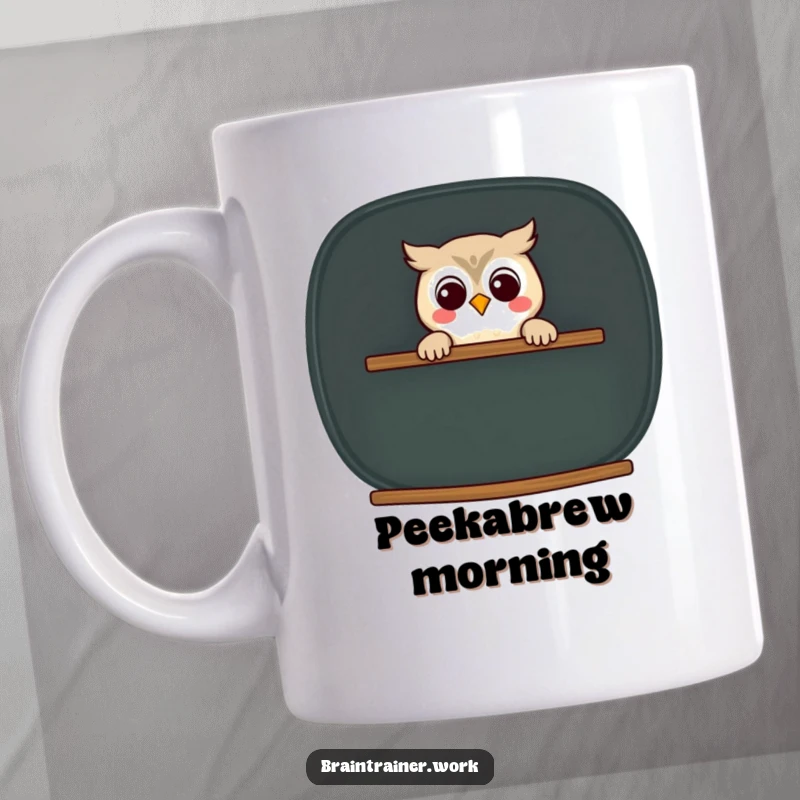 Funny kawaii owl peeking from behind a large chalkboard with a friendly smile, featured on a mug for humorous charm.