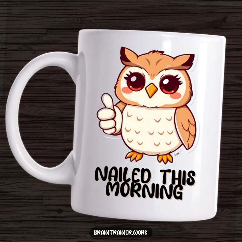 Funny kawaii owl giving a confident thumbs up with a big friendly smile, featured on a mug for cheerful vibes.