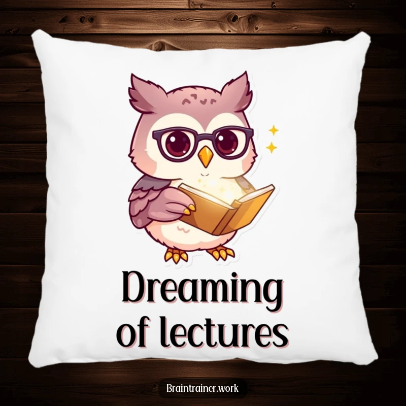 Funny kawaii owl with spectacles pointing at a glowing book, featured on a soft pillow for humorous and comforting decor.