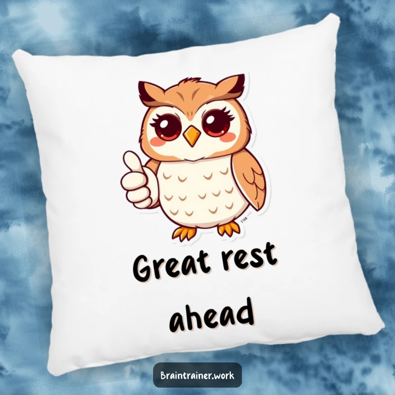 Funny kawaii owl giving a thumbs up on a pillow, for humorous and cozy positive decor.