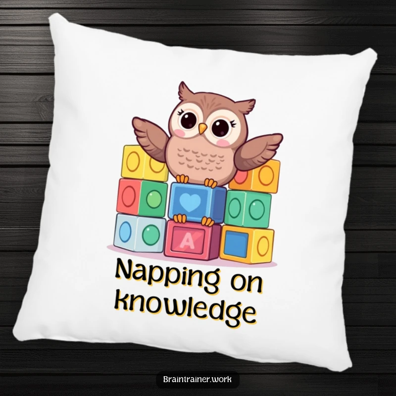 Funny kawaii owl balancing a stack of colorful learning blocks, featured on a soft pillow for humorous and playful decor.