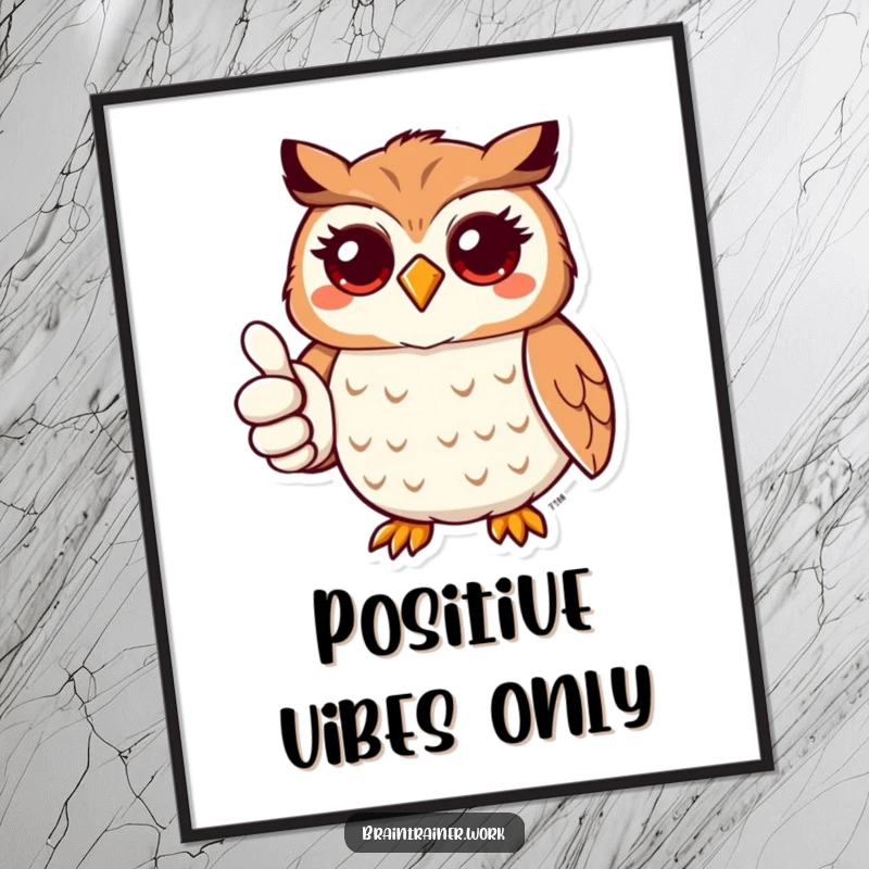 Funny kawaii owl artwork giving a thumbs up, available as a digital download for humorous and positive decor.