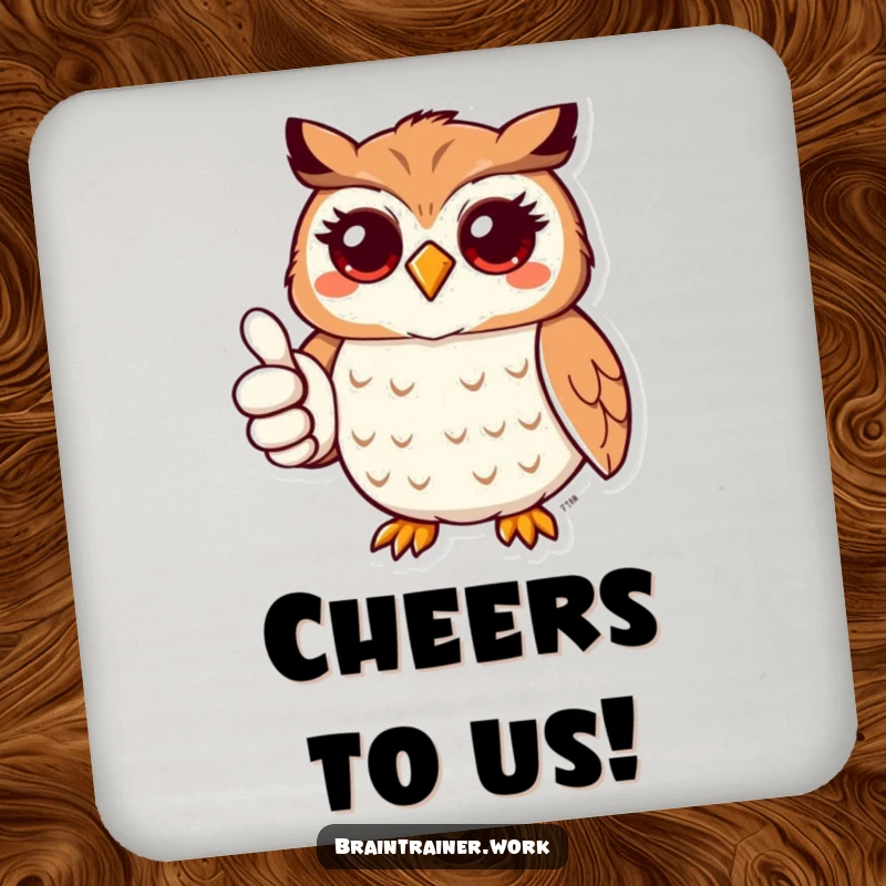 Funny kawaii owl giving a thumbs up on drink coasters, for humorous and positive surface protection.