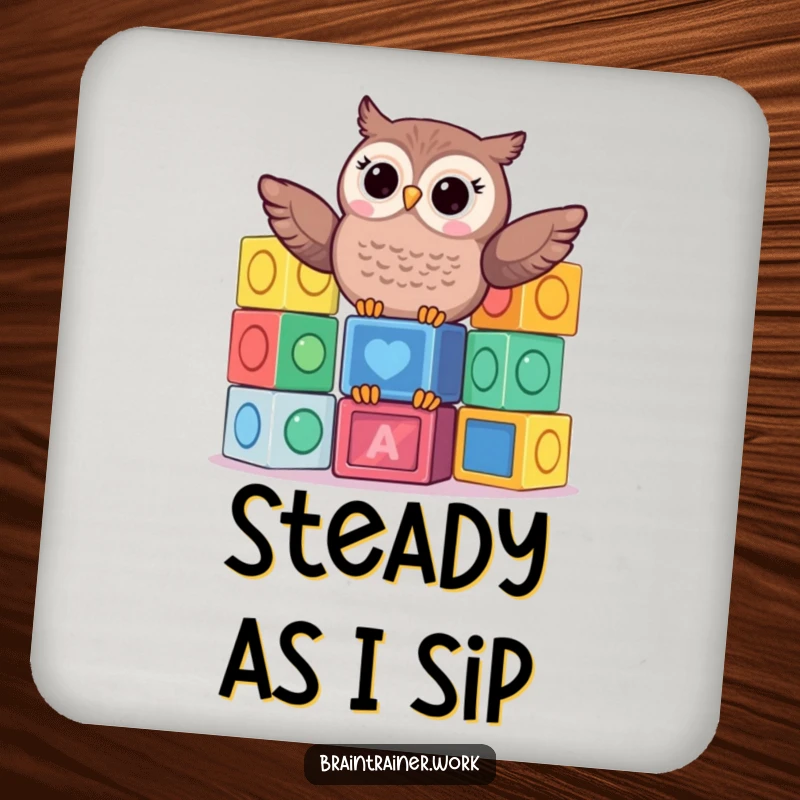 Funny kawaii owl balancing a stack of colorful learning blocks on drink coasters, for humorous and playful surface protection.