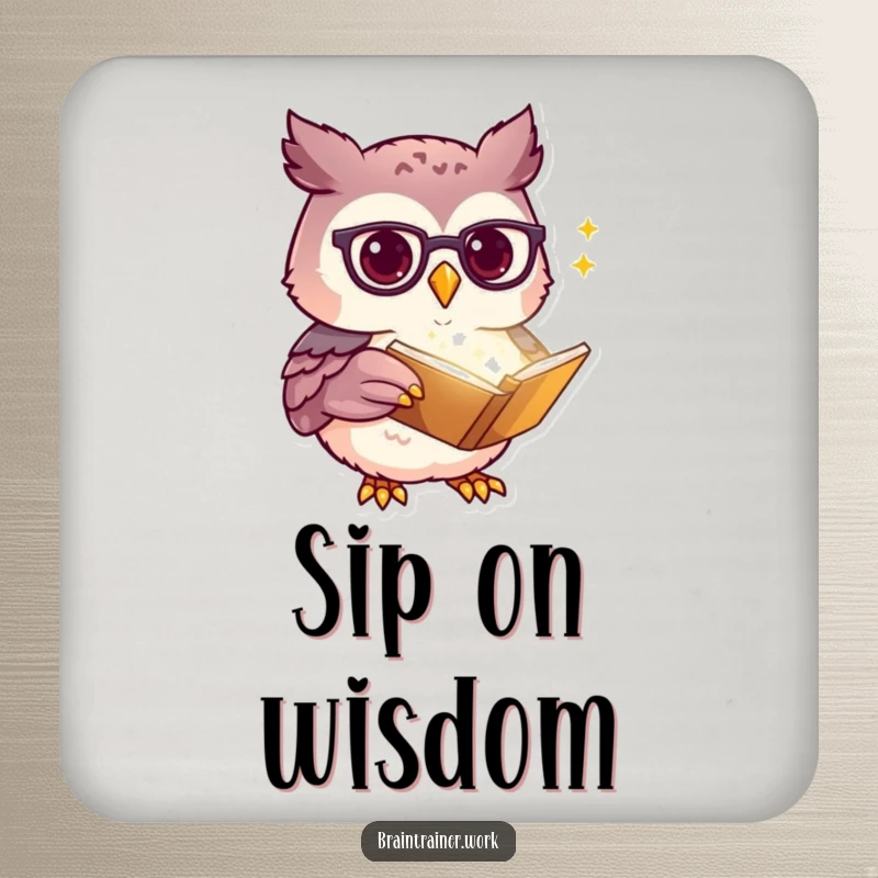 Funny kawaii owl with spectacles pointing at a glowing book, featured on drink coasters for humorous and practical table protection.