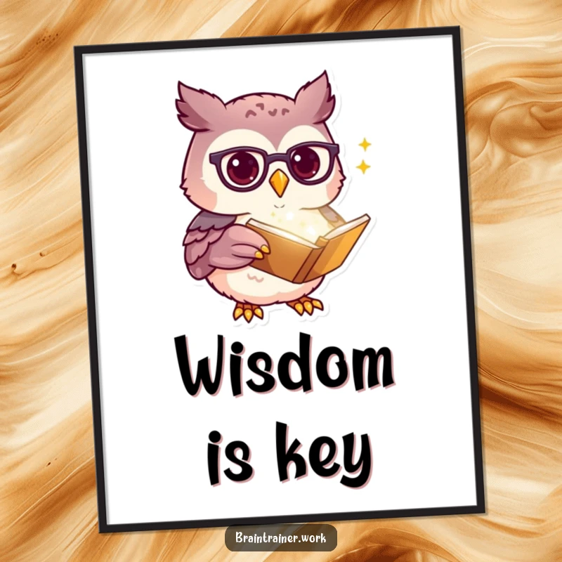 Funny kawaii owl wearing spectacles, pointing diligently at a glowing book, presented as humorous wall art for book lovers.