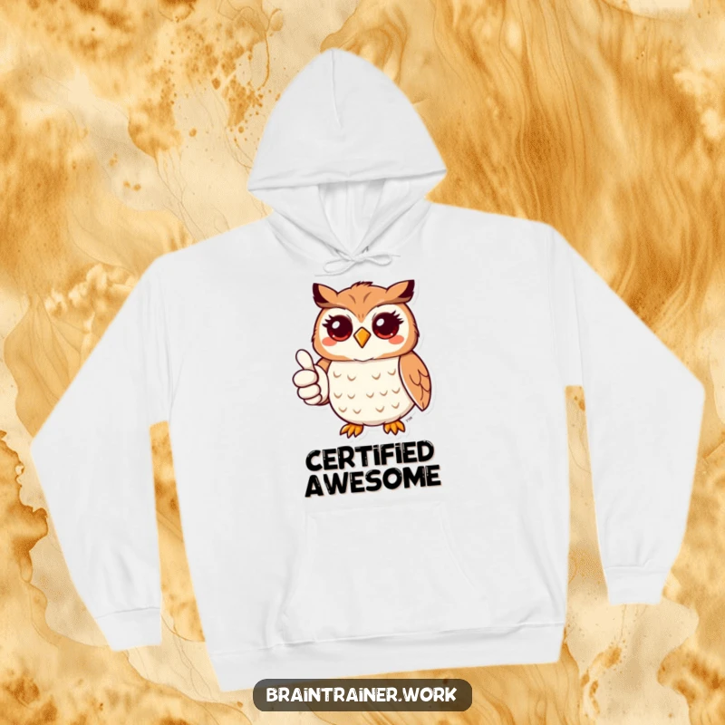 Funny kawaii owl giving a thumbs up with a friendly smile, featured on a cozy hoodie for warm encouragement.