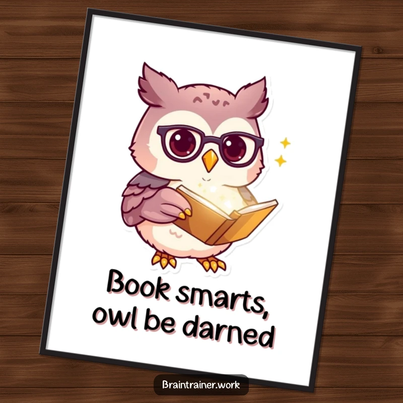 Funny Free Printable Wall Art: Kawaii owl wearing spectacles reads a glowing book, perfect for a study nook.