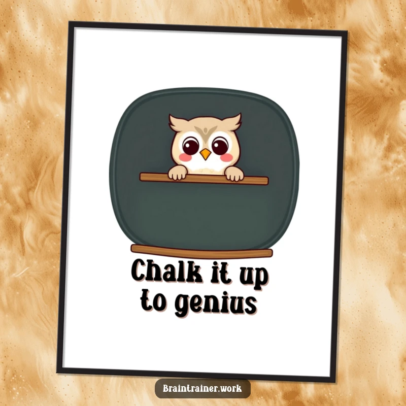 Funny Free Printable Wall Art: Kawaii owl with a wide smile peeks from behind a large, inviting chalkboard.
