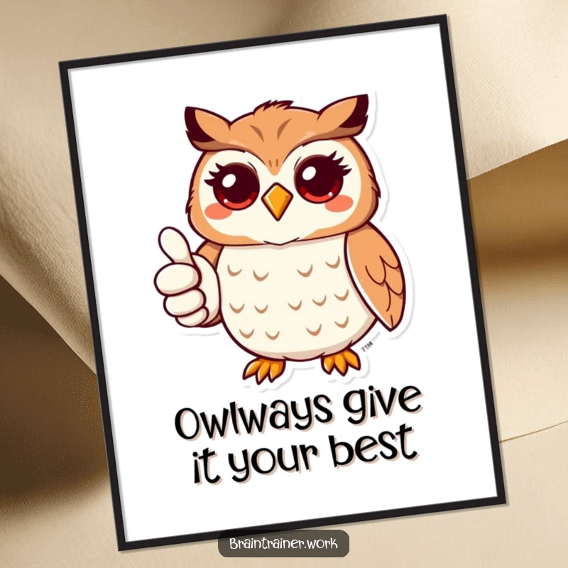 Funny Free Printable Wall Art: Kawaii owl with a friendly expression gives a wholehearted thumbs up.