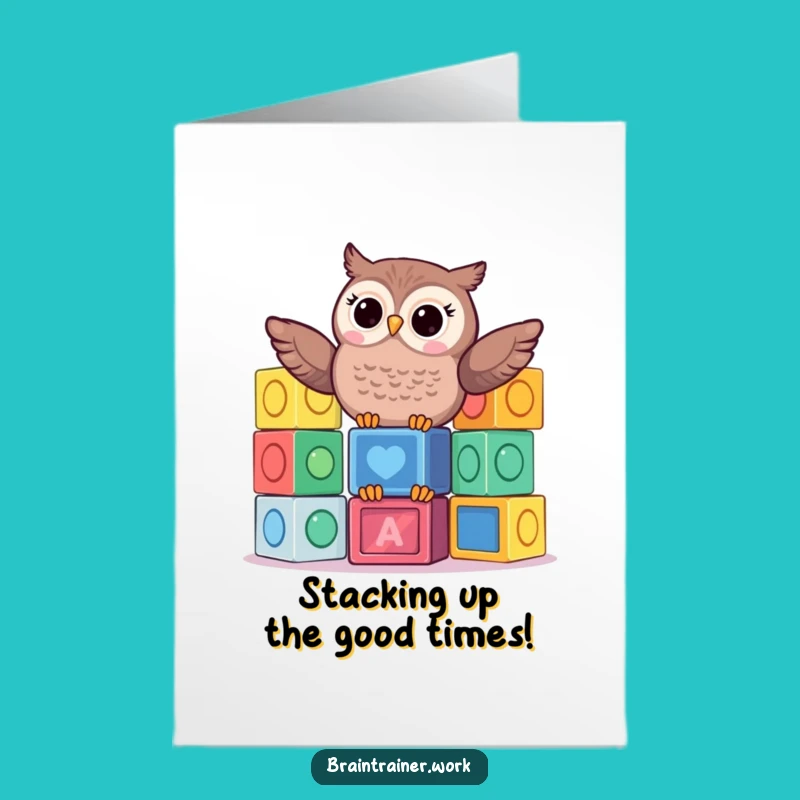 Free Printable Birthday Card: Funny Playful Owl Blocks Gift, Downloadable & Print at Home