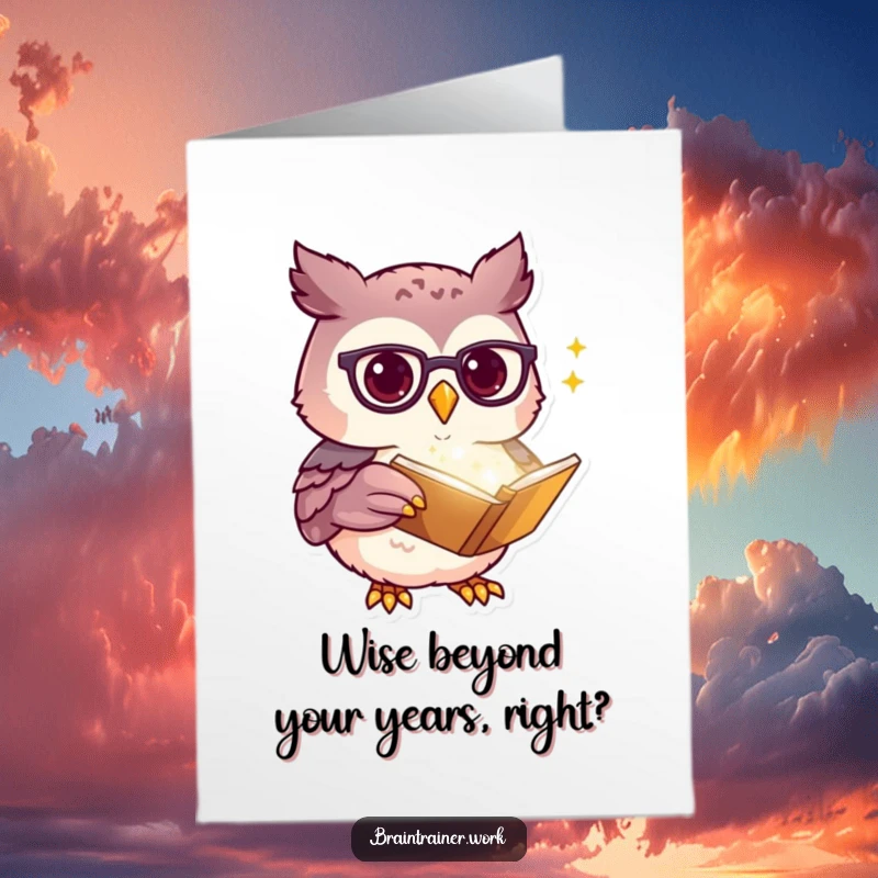 Funny Free Printable Birthday Card: Kawaii owl with spectacles points at a glowing book, ready to study and celebrate.