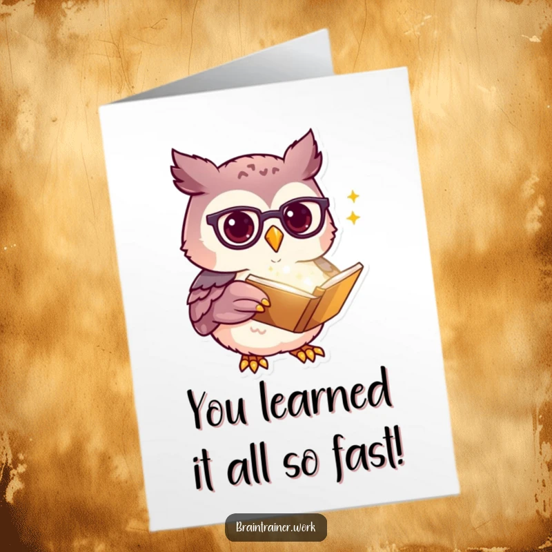 Funny Free Printable Congratulations Card: Kawaii owl with glasses gives a nod of approval to academic success.