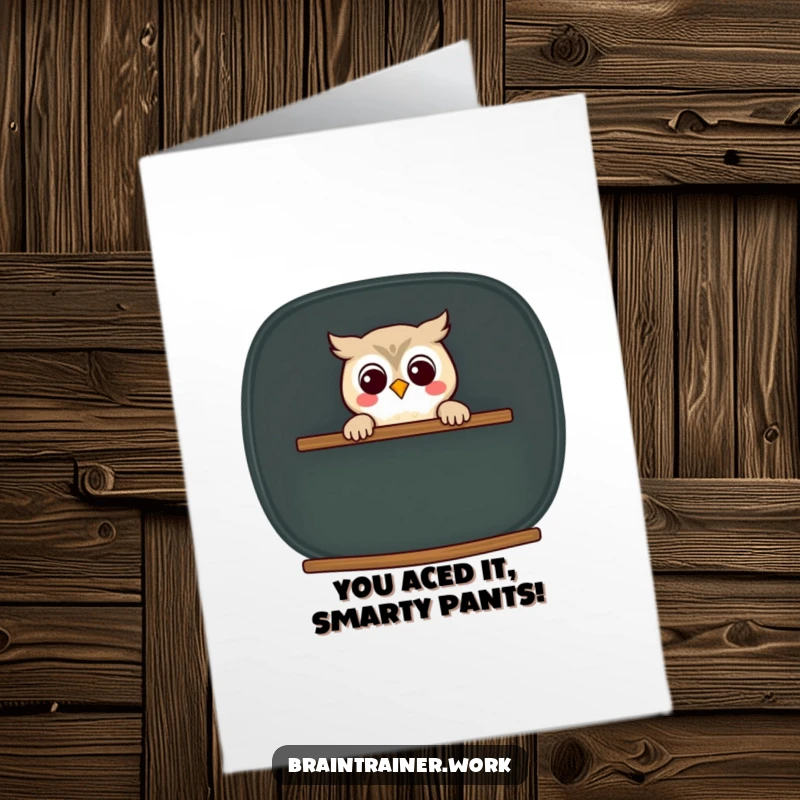 Funny Free Printable Congratulations Card: Kawaii owl with a cheerful grin peeks from behind a chalkboard.