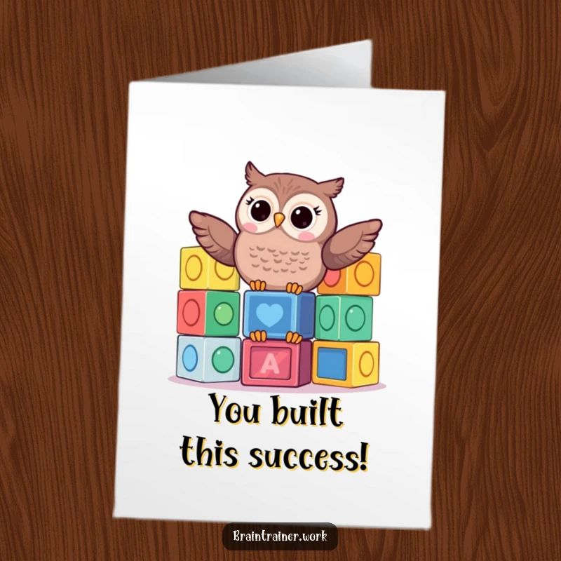 Funny Free Printable Congratulations Card: Kawaii owl balances colorful blocks, cheering for success with a giggle.