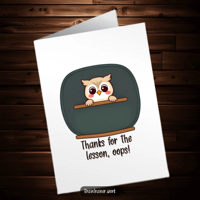 Funny Free Printable Thank You Card: Kawaii owl smiles sweetly while peeking from behind a big chalkboard.