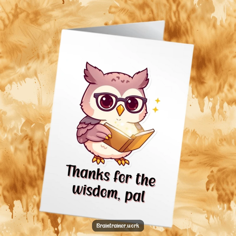 Funny Free Printable Thank You Card: Kawaii owl holding a glowing book offers thanks with a smile.