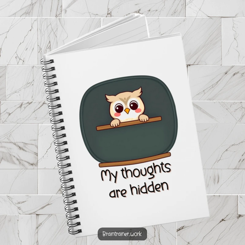 Funny kawaii owl peeking from behind a chalkboard on a notebook cover, for humorous and smart note-taking.