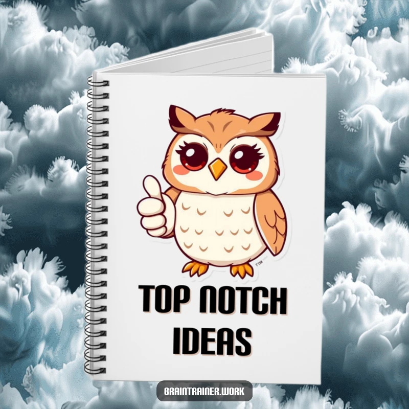 Funny kawaii owl giving a thumbs up on a notebook cover, for humorous and positive note-taking.