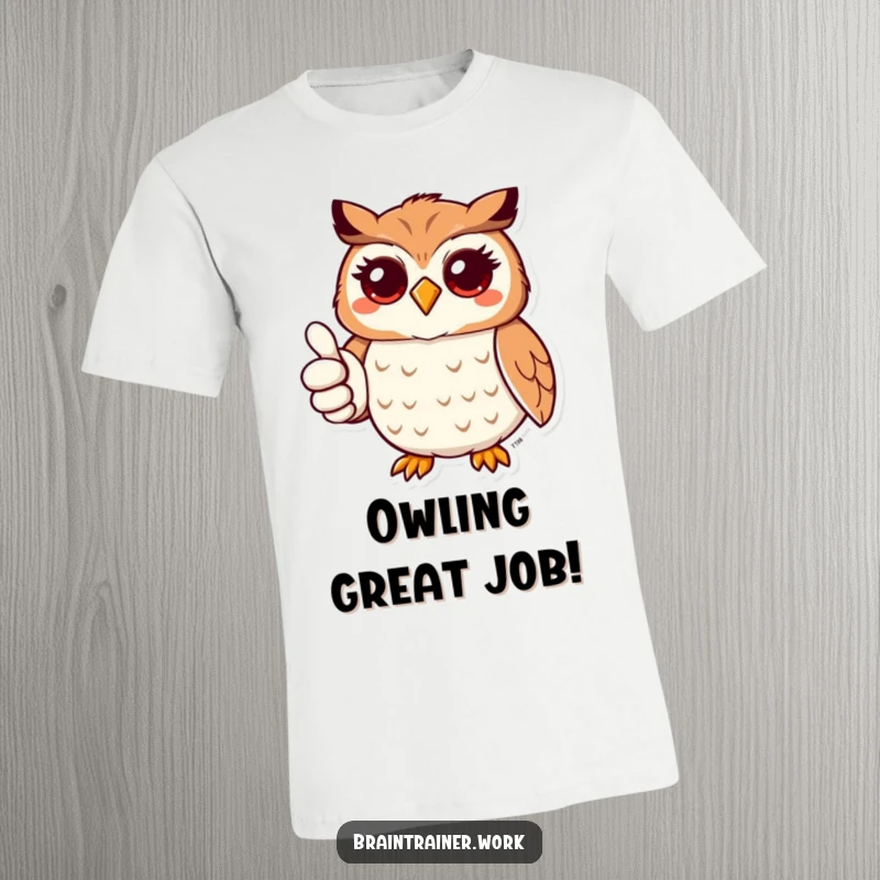 Funny kawaii owl giving a friendly thumbs up with a cheerful expression, printed on a t-shirt for fun.