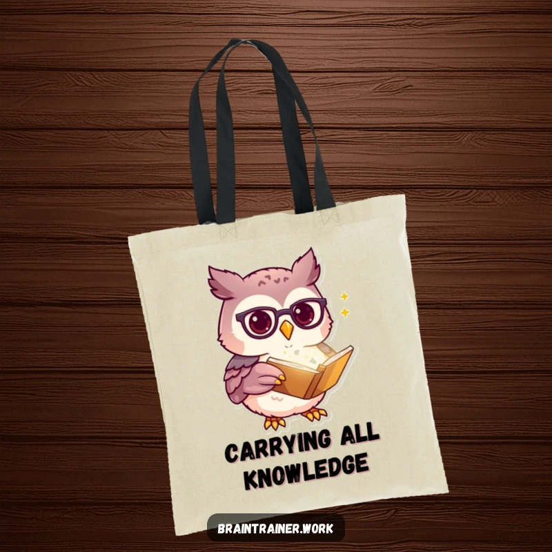 Funny kawaii owl with spectacles pointing at a glowing book, printed on a durable tote bag, showcasing literary and humorous style.