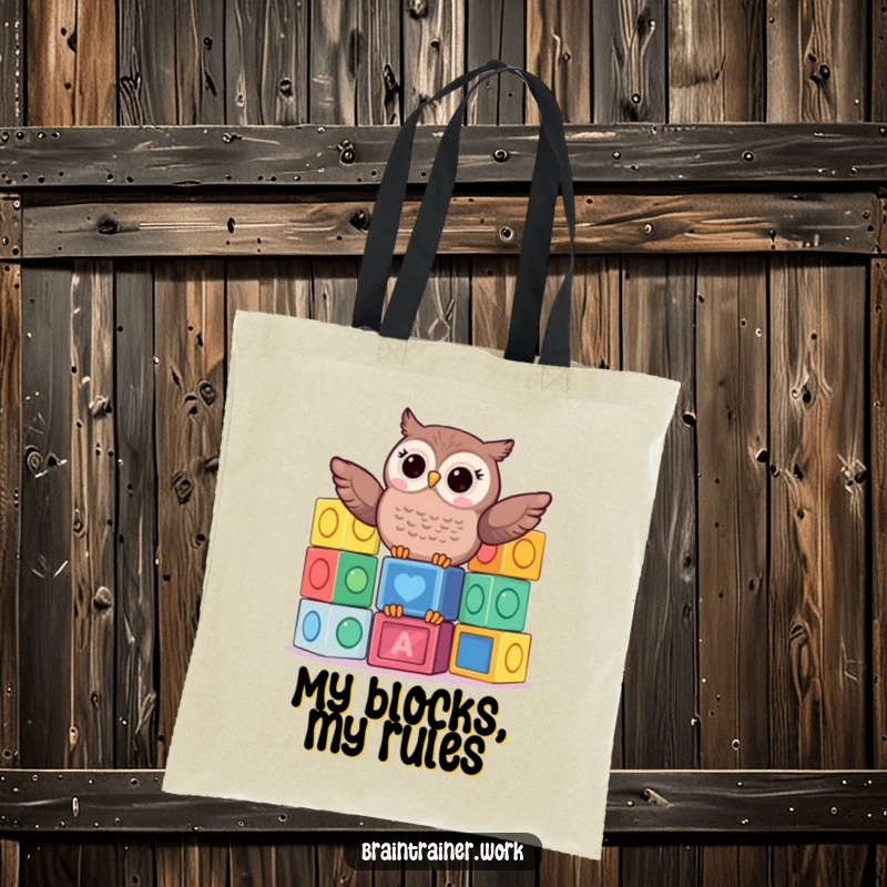 Funny kawaii owl balancing a stack of colorful learning blocks on a tote bag, showcasing playful learning with humor.